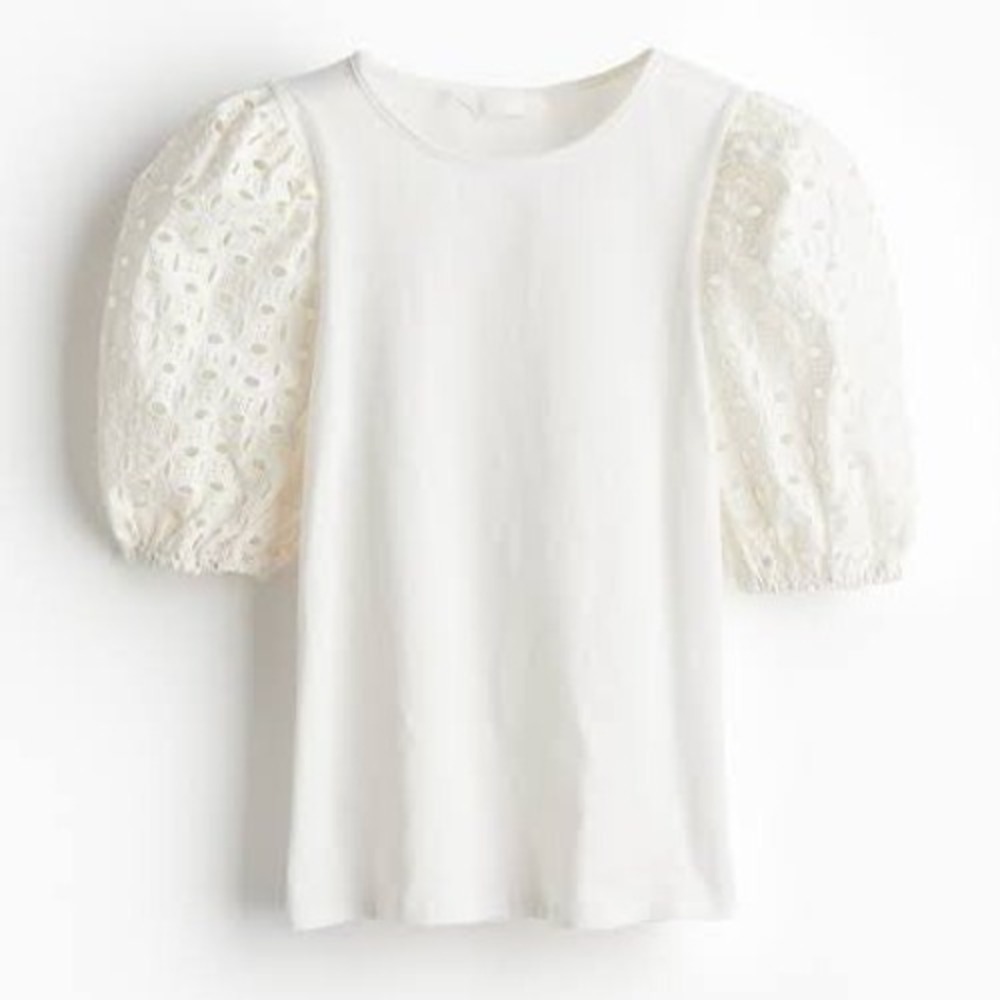 H&M Women's Size Small Puff Sleeve Top Eyelet Lace Crewneck White Stretch Cotton